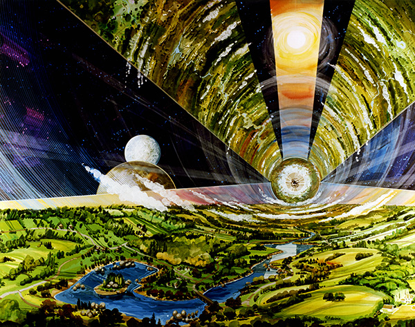 Figure 01 - O’Neill Cylinder interior - Painting by Rick Guidice (Source: PRBX/NASA)